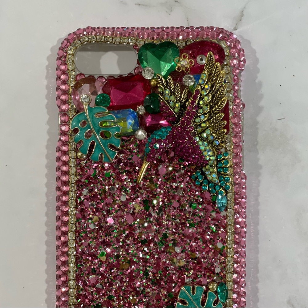 iPhone 7/8 case Pink crystals glitter tropical with hummingbird greenery - Picture 2 of 5